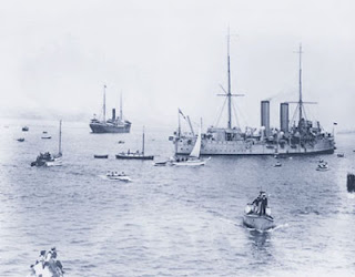 HMCS Rainbow (right) and Komagata Maru (left), 23 May 1914 in Vancouver harbour