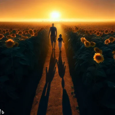 Pai e filho caminhando entre campos de girassóis, rumo ao horizonte alvorado. - Ilustração gerada por IA do Criador de Imagens do Bing. #PraCegoVer