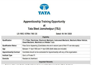 Tata Steel Ltd Jamshedpur ITI Apprentice Recruitment 2023 | ITI Apprentice Campus Placement for Tata Steel Jamshedpur
