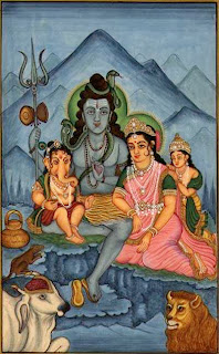 Shiva and his family. As Bhuteswara he is a haunter of cemeteries and places of cremation. At the burning ground his wife Parvati holds Karttikeya in her lap and watches while Ganesa and Shiva string together the skulls of the dead. Kangra painting, 1790. Victoria and Albert Museum, London. 