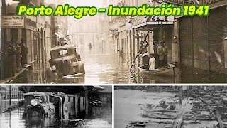 Imágenes de archivo de 1941 mostrando diferentes calles y sectores de la ciudad cubiertos por las aguas, calles con autos cubiertos casi hasta el techo, un tren con agua hasta las ventanas