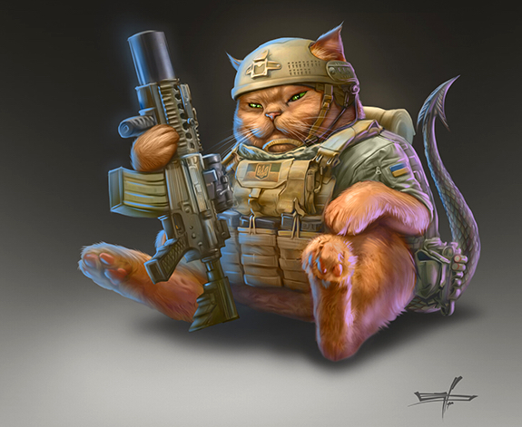 Gingery cat in the uniform of the Ukrainian army and with a machine gun