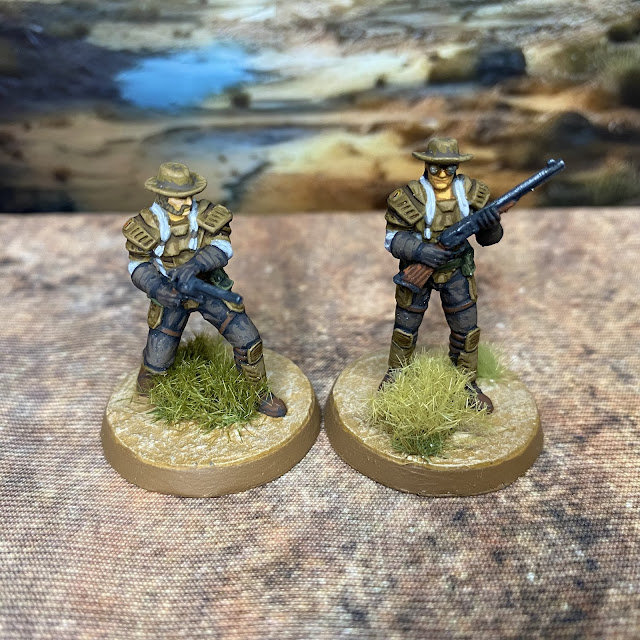 32mm post-apocalypse  miniatures from Vermillion and TennageWastelandUS  that are compatible with Fallout Warfare Wasteland. Bear Force as  New California Republic (NCR) ranger proxies