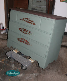 green and copper feather stenciled dresser makeover with copper hardware makeover