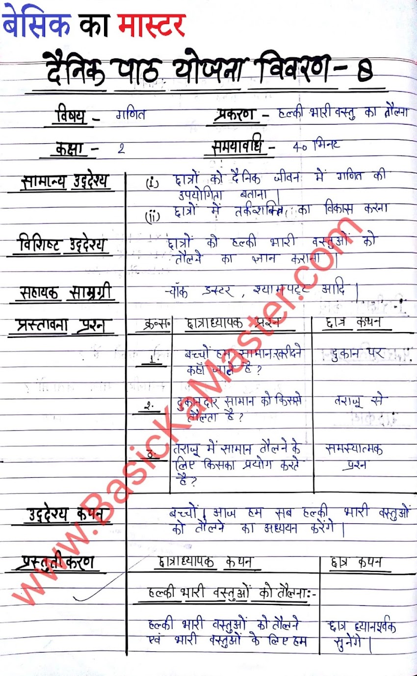 D.El.Ed Lesson Plan (बी. टी. सी. पाठयोजना ) , पाठयोजना 8