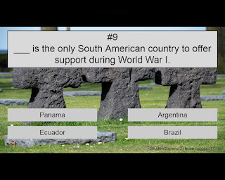 ___ is the only South American country to offer support during World War I. Answer choices include: Panama, Argentina, Ecuador, Brazil