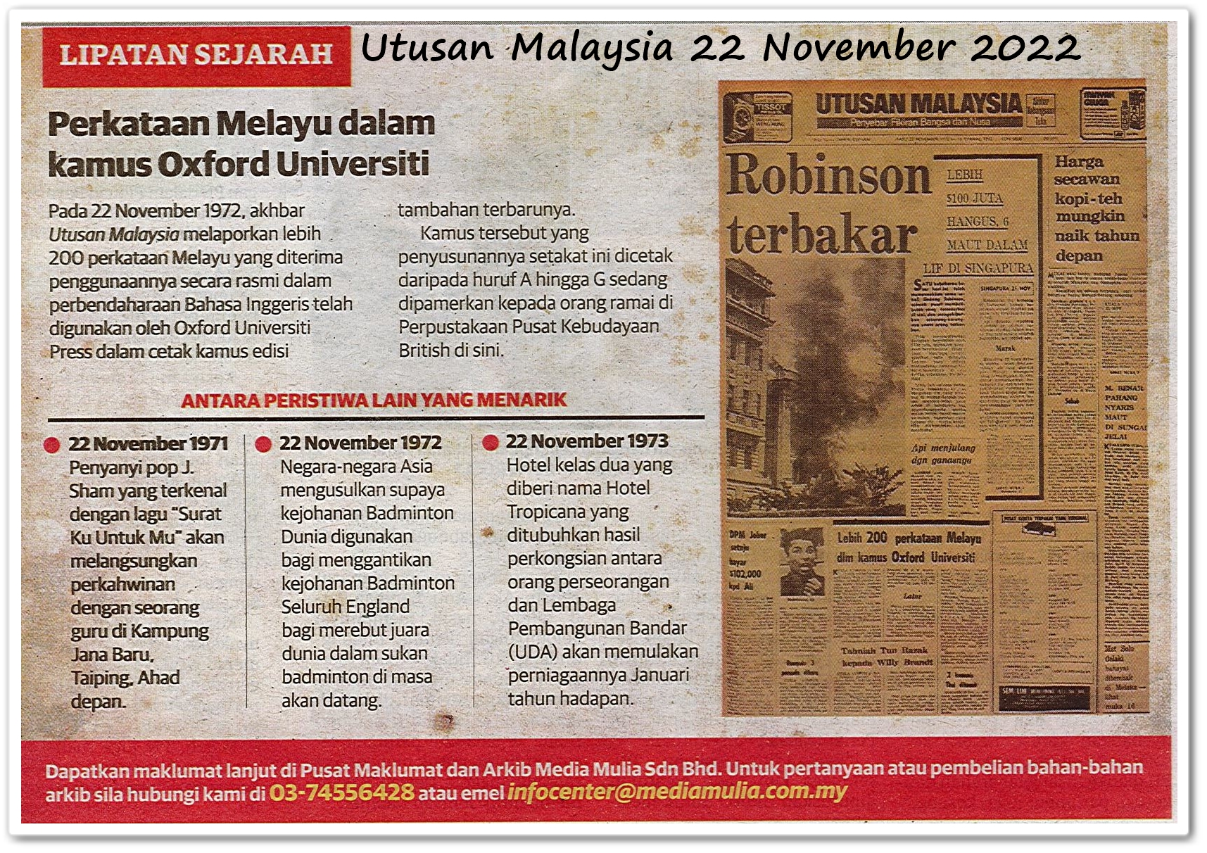 Lipatan sejarah 22 November - Keratan akhbar Utusan Malaysia 22 November 2022