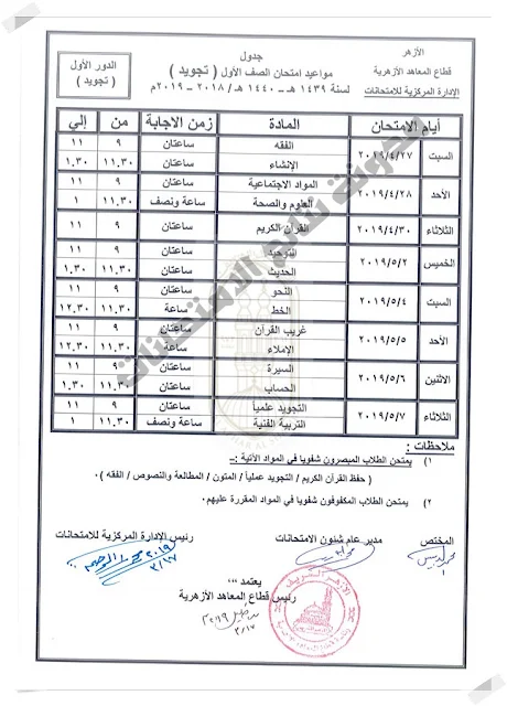 جداول امتحانات النقل الإعدادي والثانوي والقراءات والبعوث الإسلامية 2019