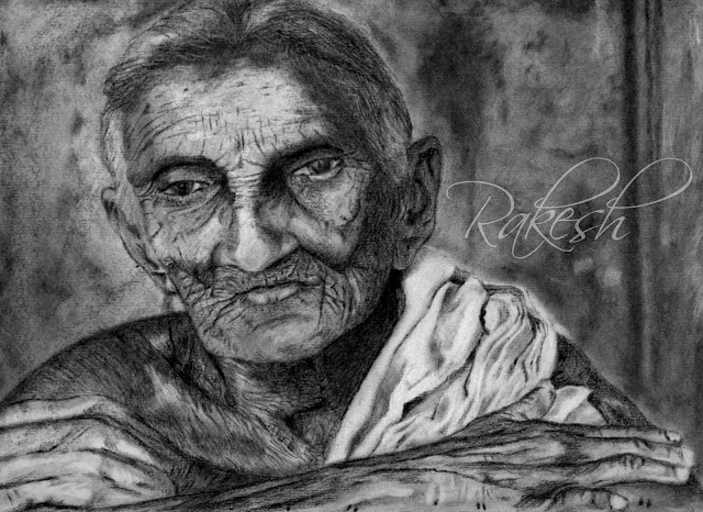 Charcoal art Solitude Old woman Old age