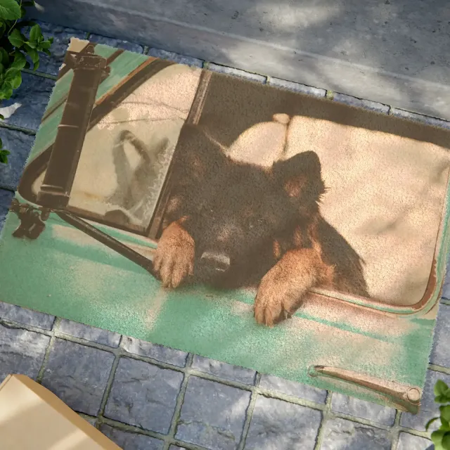 Doormat With Black and Red German Shepherd Puppy Putting His Head and Front Legs On The Truck Seat's Window