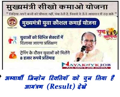 MP Mukhyamantri Yuva Kaushal Kamai Yojana Result 2023