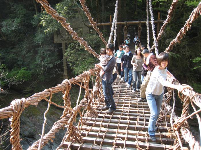 On the island of Shikoku, the smallest island of Japan, there are three exotic bridges woven from vines over the river Iya-gawa. They were originally made ??of wooden planks that are fastened together with vines. Now fortified strong wire bridge and railing, but that does not make it less extreme. The fact that the bridges swing when walking, as in the good old days. 