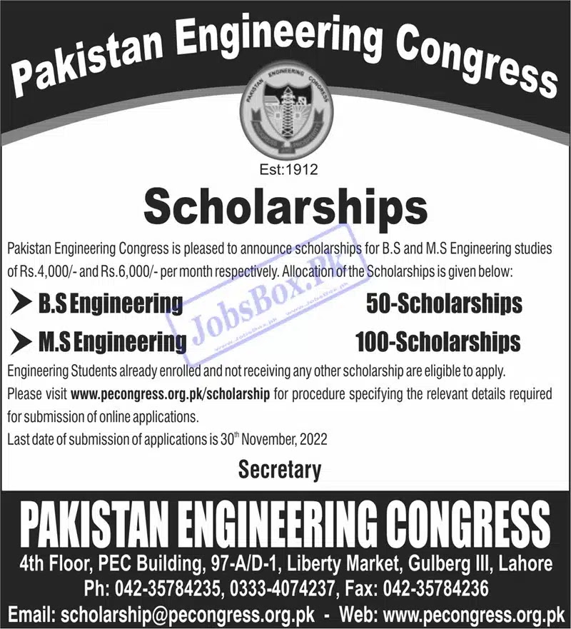 Pakistan Engineering Council Congress Scholarships 2022 Latest AdvertisementPakistan Engineering Council Congress Scholarships 2022 Latest Advertisement