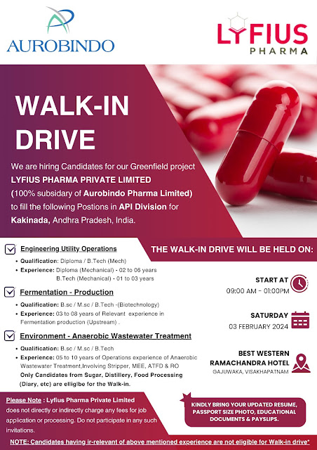 Lyfius Pharma (Aurobindo Group) | Walk-in interview at Visakhapatnam on 3rd Feb 2024