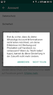 Screenshot WhatsApp-Nutzer-Account Meldung nach Zustimmung der Daten-Weitergabe an Facebook