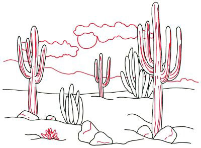  Menggambar  pemandangan gurun berkaktus
