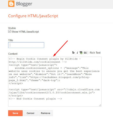  laws require websites to give EU visitors information about cookies used on website How to add a cookie consent notification to Blogger? Cookie Consent Code Generator and Cookie Policy Page Generator