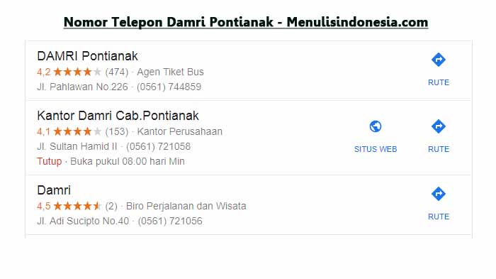 Nomor Telepon Damri Pontianak No Telp Agen Tiket Menulis Indonesia