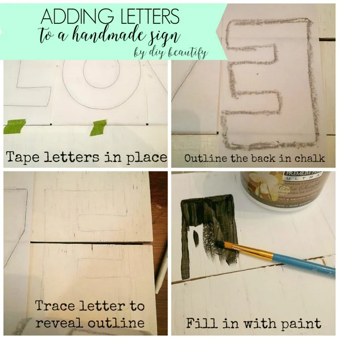 add words to sign with printed letters, black chalk and paint