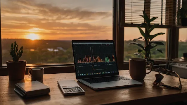Home office with laptop showing passive income earnings and side hustle planning materials
