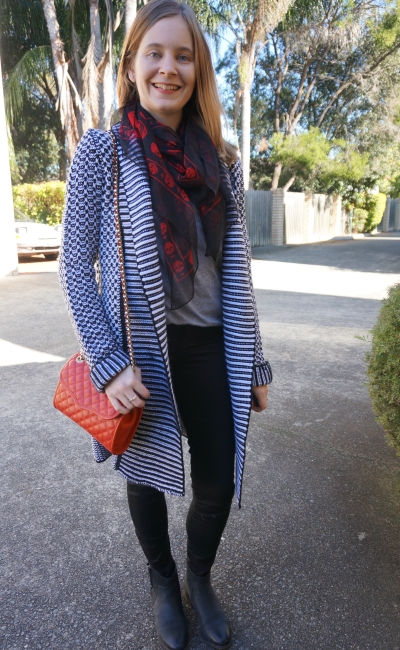 Red accessories with neutral black grey outfit winter wool cardigan