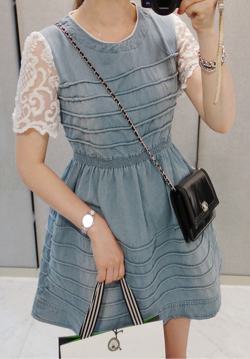 Denim Dress with Lace Sleeves