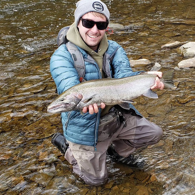 Ohio Fly Fishing Guides, Ben Phipps holding a steelhead trout during Mad River Outfitters steelhead season