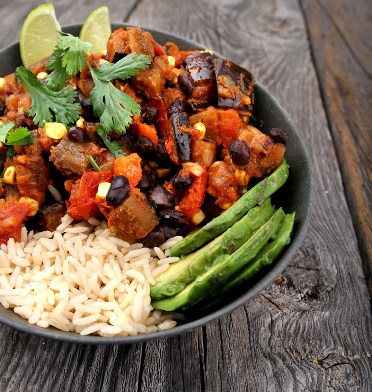 Oppskrift Tex-Mex Aubergine Gryterett Sorte Bønner Fullkornsris Sunn Meksikansk Middag Vegetar Vegan