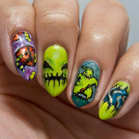 A 'The Nightmare before Christmas' tribute. Hand-painted nails featuring 'Oogie Boogie', the villain from the Tim Burton movie by @bilbypaws
