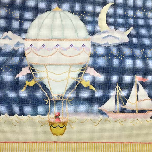 Hot Air Balloon flying in the night sky needlepoint canvas