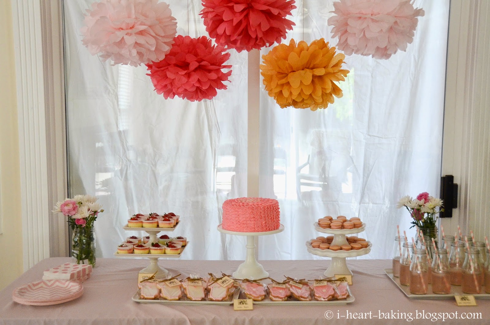 pink baby shower dessert table - sugar cookie favors, macarons, mini ...