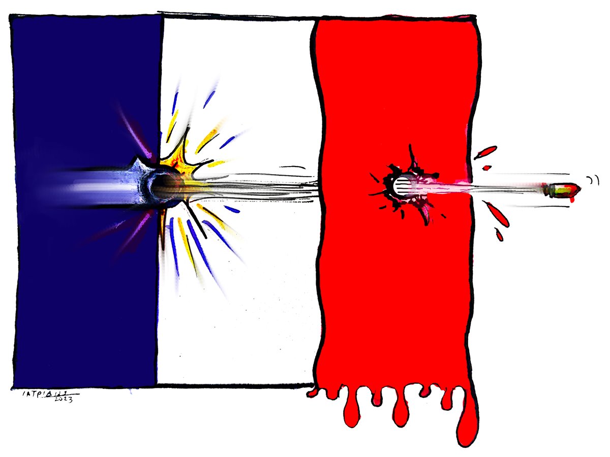 Τις ταραχές στο Παρίσι σχολιάζει με το σκίτσο του ο εικαστικός Πάνος Ιατρίδης