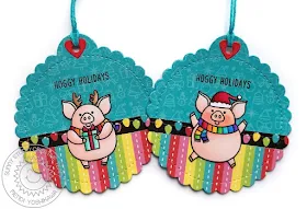 Sunny Studio Stamps: Hoggy Holidays Pig Themed Christmas Gift Tags (using Hogs & Kisses Stamps, Stitched Scalloped Circle Tag dies & Very Merry 6x6 Paper)