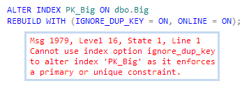 Adding IGNORE_DUP_KEY fails