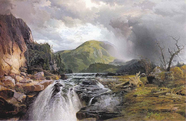 a Thomas Moran 1864 painting of a rocky waterfall