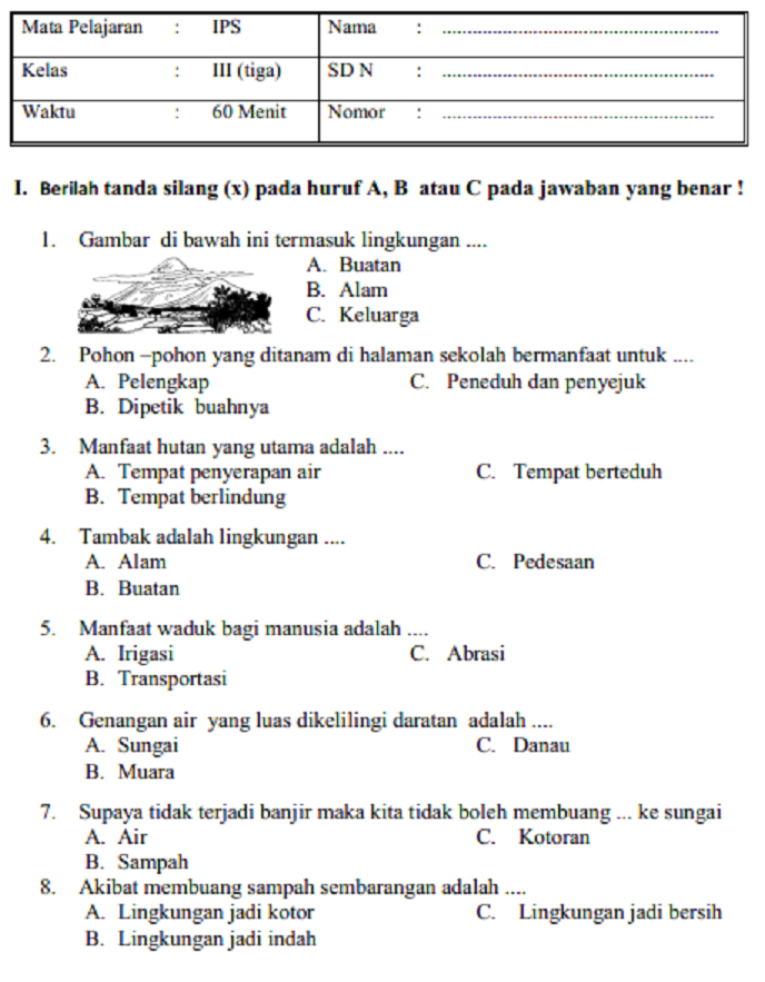 LATIHAN SOAL  DAN  JAWABAN  UAS IPS  KELAS 3 SD  MI SEMESTER 1 