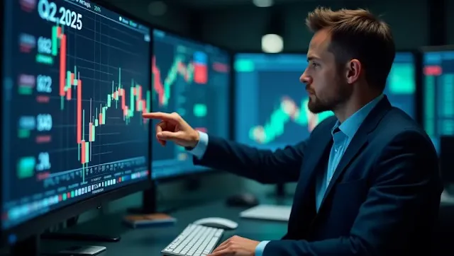 Financial analyst reviewing earnings charts for JPMorgan, Wells Fargo, and Citigroup, with stock market graphs on a large screen, reflecting global banking trends