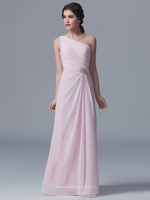 Sleeveless Draped One Shoulder Pink Floor Length Vintage A-line Chiffon Bridesmaid Dress