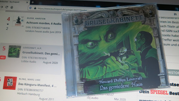 Hörspiel-CD "Das gemiedene Haus" vor Bildschirmfoto der SPIEGEL Bestseller