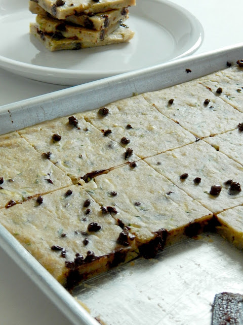 Chocolate Chip Zucchini Snack Bars...a healthier sweet treat when we need that little pick-me-up.  Soft, chewy, sweet and there's chocolate! (sweetandsavoryfood.com)