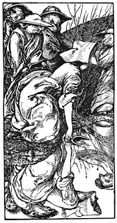 drawing of a young woman kneeling at a stream with three scary goblin men behind her