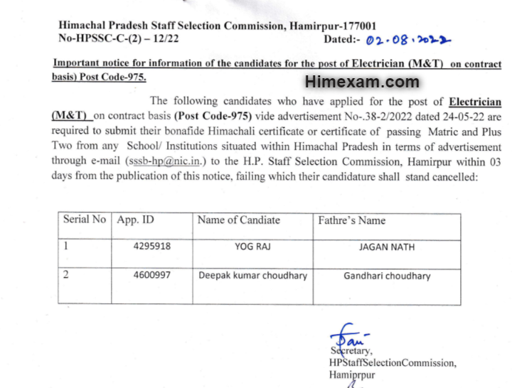 Important notice  for the, post of Electrician (M&,T)  Post Code-975.:- HPSSC Hamirpur