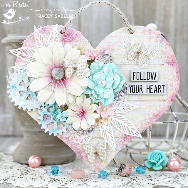 "Follow Your Heart" Shabby Mixed Media Wooden Heart by Tracey Sabella for Little Birdie Crafts: #traceysabella #littlebirdiecrafts #littlebirdieonline #littlebirdieflowers  #diy #diyhomedecor #timholtz #fablab #rangerink #twinklingh2os #stampendous #panpastel #colorfin #prills #helmar #mixedmedia #mixedmediaart #shabbychic #mixedmediahomedecor #shabbychichomedecor #chipboard #handcraftedflowers #art #craft #crafts #texture #handmade