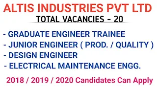 ITI/ Diploma/ B.E./ B.Tech Jobs Vacancy For Machine Operators, and Engineers in Altis Industries Pvt. Ltd., Pithampur, Madhya Pradesh