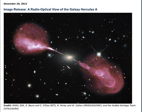 A Radio/opical view of galaxy Hercules A (Courtesy: NASA, ESA, RIT, NRAO and STSci)