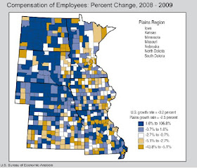 Compensation gains by county, Plains Regions, U.S., BEA 2009