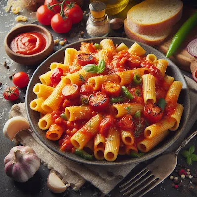 Auf dem Bild ist ein Teller mit feurigen Rigatoni und einer Arrabbiata-Sauce zu sehen. Neben dem Teller  liegen frische Tomaten, Knoblauchknollen und - zehen. Die vegetarische Mahlzeit sieht sehr lecker und appetitlich aus.