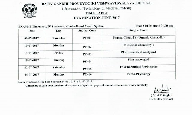 RGPV B.Pharmacy 4th Semester CBCS Examination Time Table