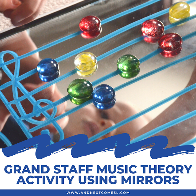 Music theory activity for teaching the grand staff to kids using mirrors