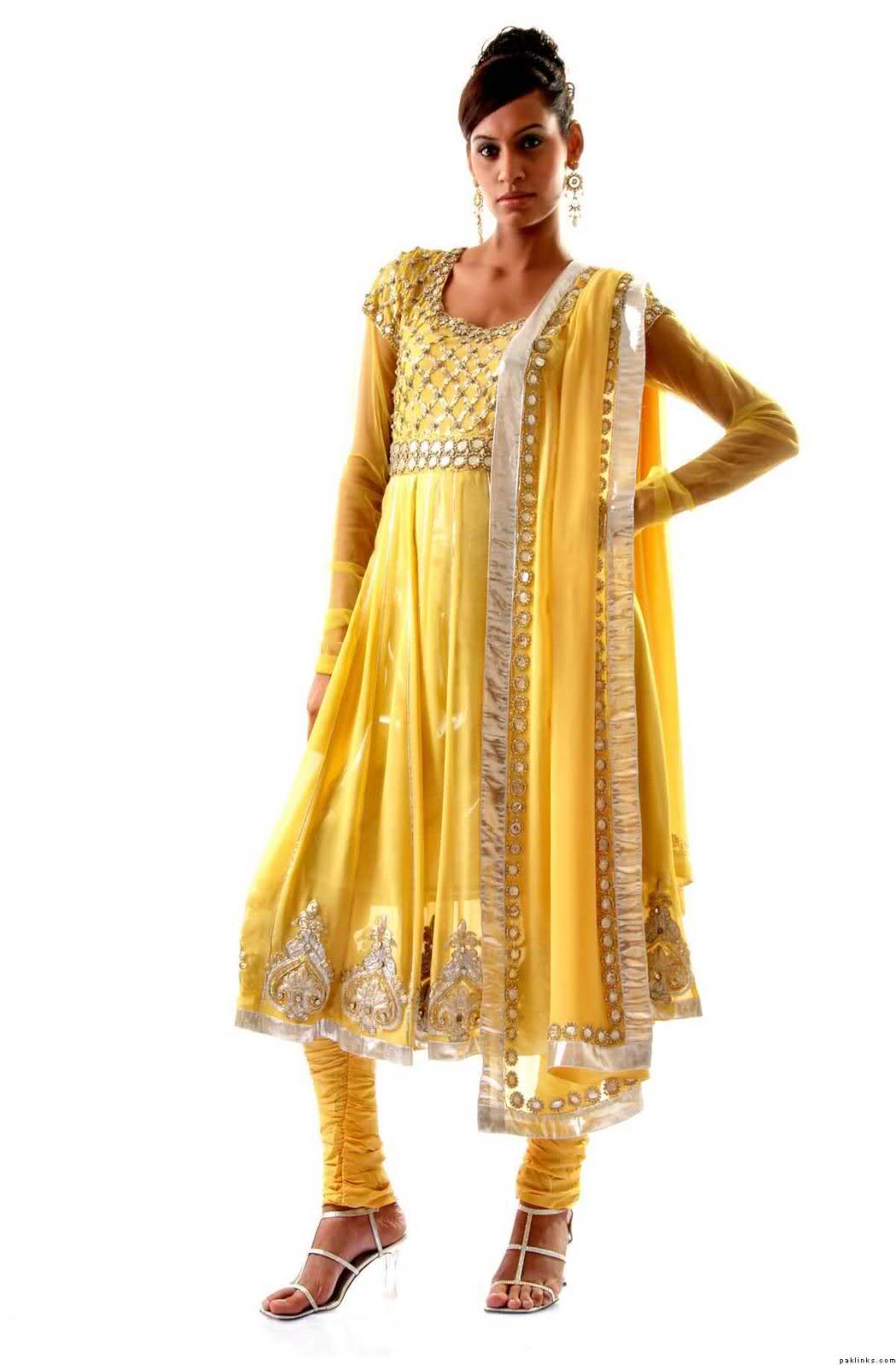 lace a-line wedding dresses with sleeves full sleeves yellow chest design, boarder enmrioded design, churidaar 